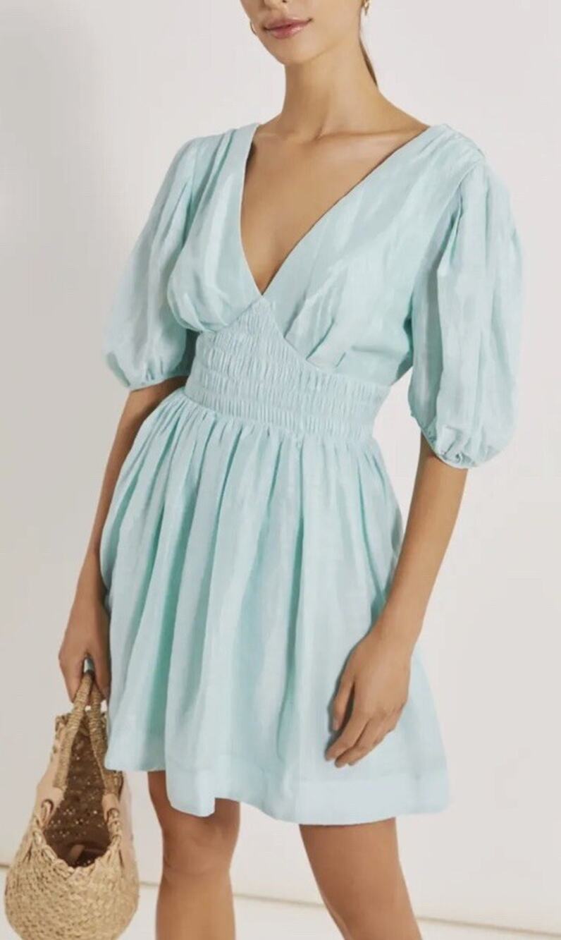 NWT By Malina Aqua Mint Green Linen Silk Puff Sleeve Feminine Mini Dress Small